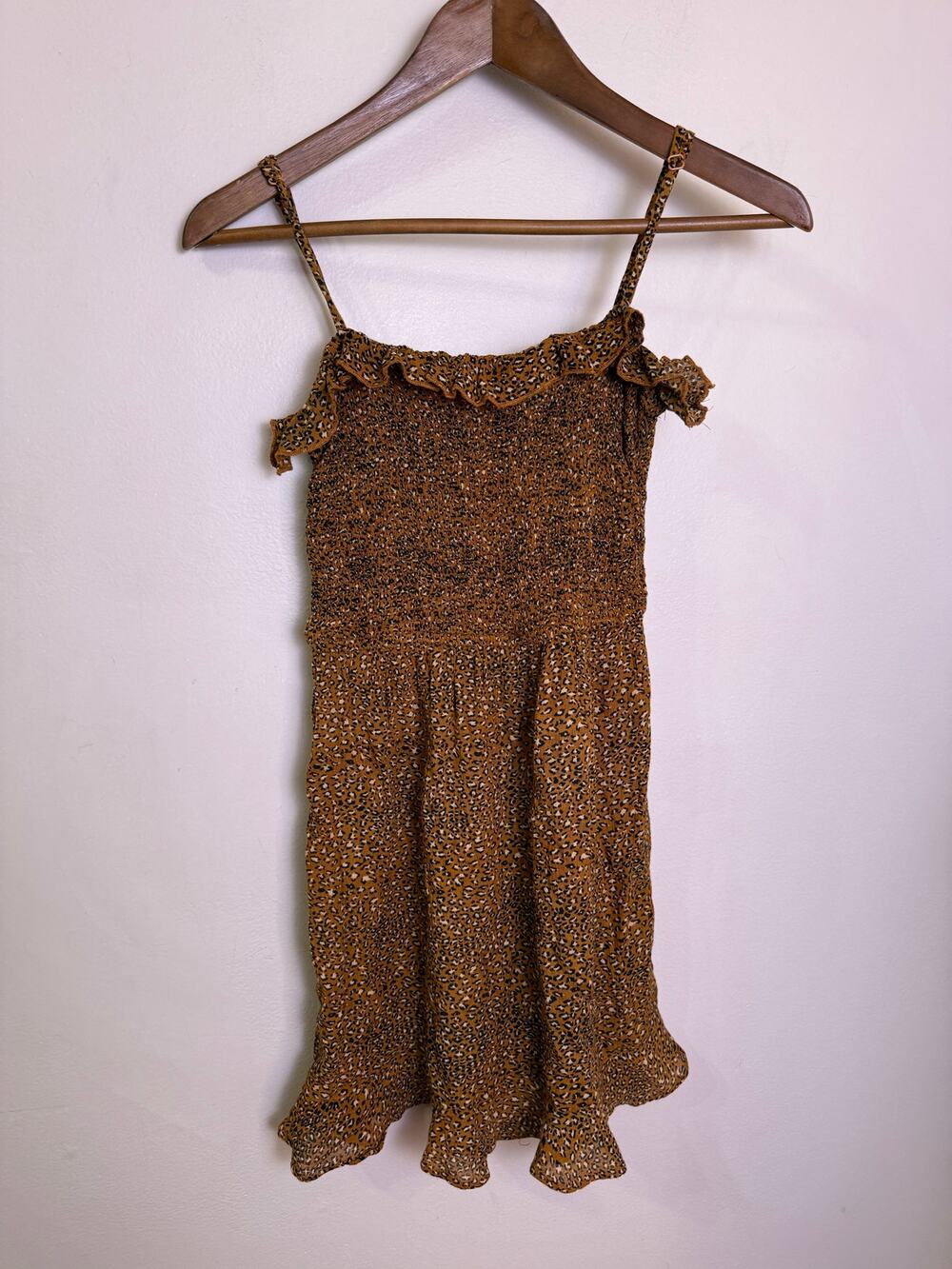 Urban Outfitters Brown Leopard Smocked Mini Dress Size S Ruffle Trim Cami Boho